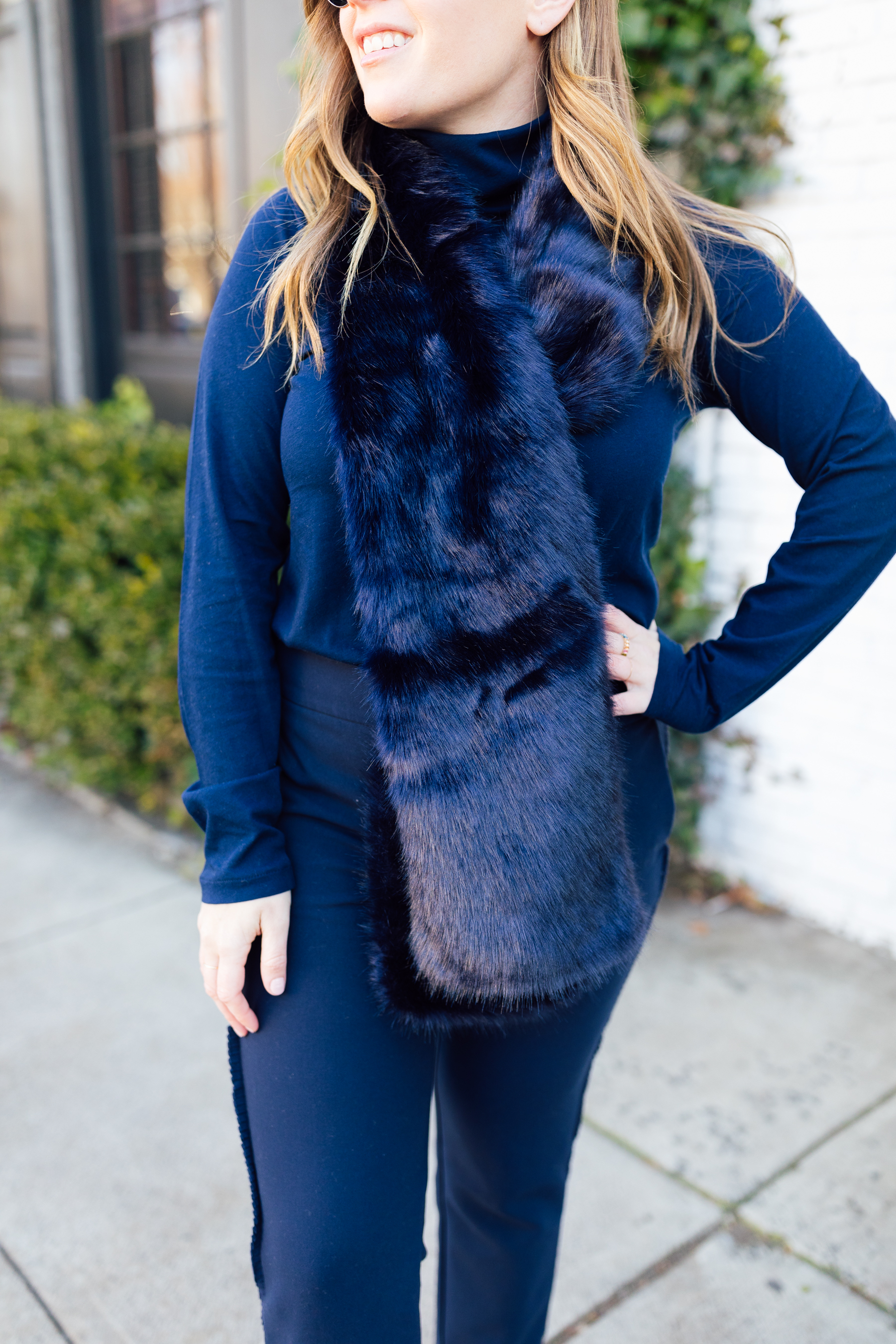 Navy Faux Fur Scarf and Monochrome Outfit