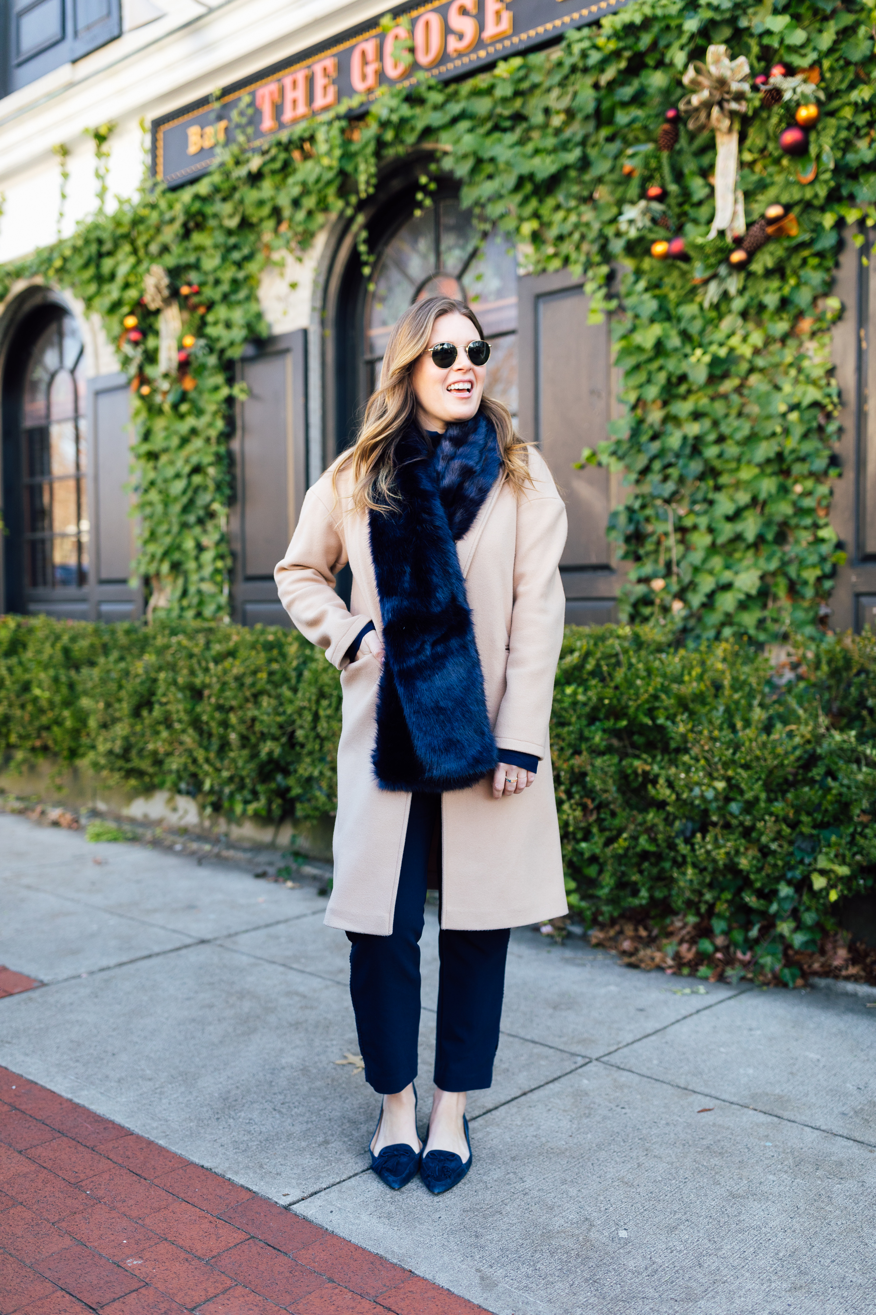 Navy Faux Fur Scarf and Monochrome Outfit